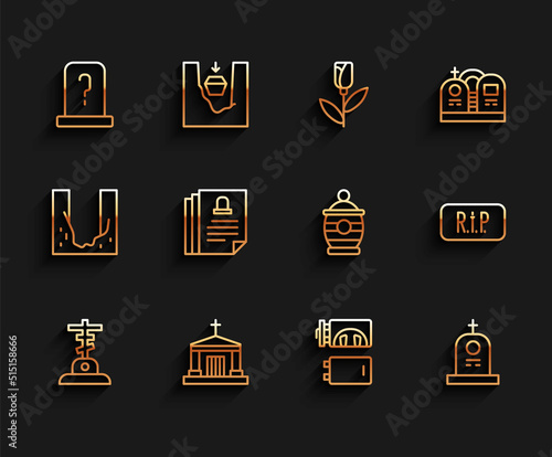 Set line Grave with cross, Old crypt, tombstone, Crematorium, Death certificate, Speech bubble rip death and Funeral urn icon. Vector