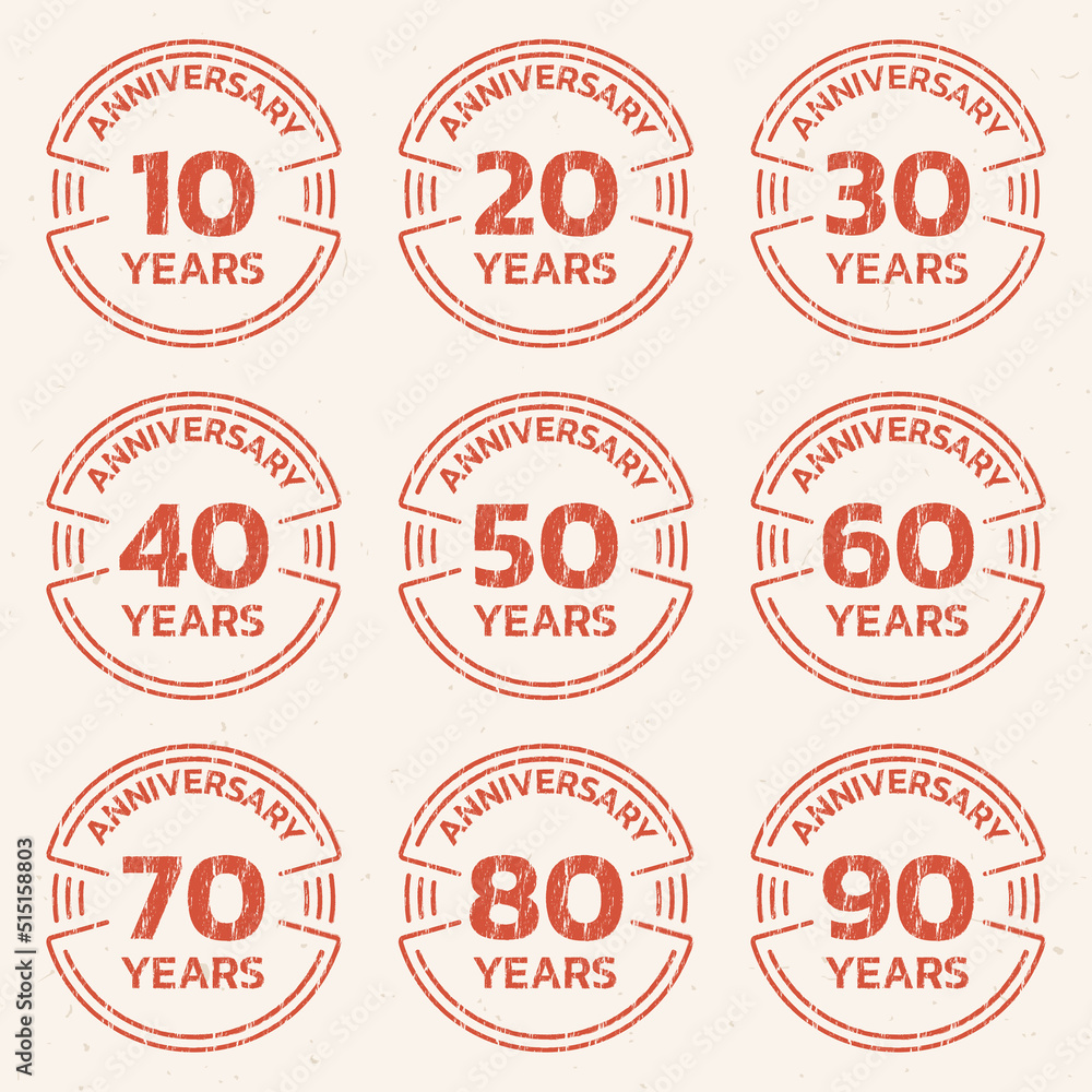 Anniversary logo or icon set. 10,20,30,40,50,60,70,80,90 years round stamp collection with grunge, rough texture. Birthday celebrating, jubilee circle badge or label templates. Vector illustration.