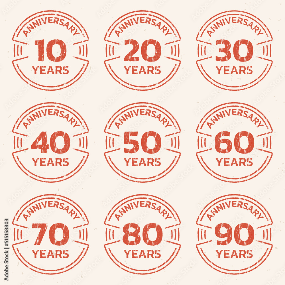Obraz premium Anniversary logo or icon set. 10,20,30,40,50,60,70,80,90 years round stamp collection with grunge, rough texture. Birthday celebrating, jubilee circle badge or label templates. Vector illustration.