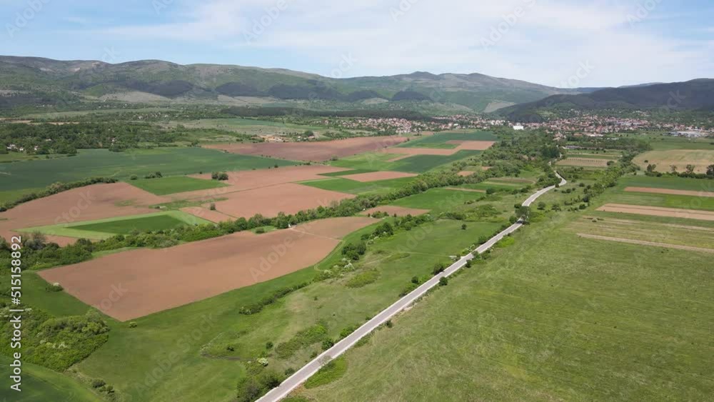 Spring Aerial view of rural land near town of Godech, Sofia region, Bulgaria Spring Aerial view of rural land near town of Godech, Sofia region, Bulgaria