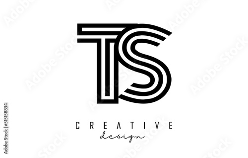 Outline TS t s letter logo with united lines. Letters with geometric and lines typography.