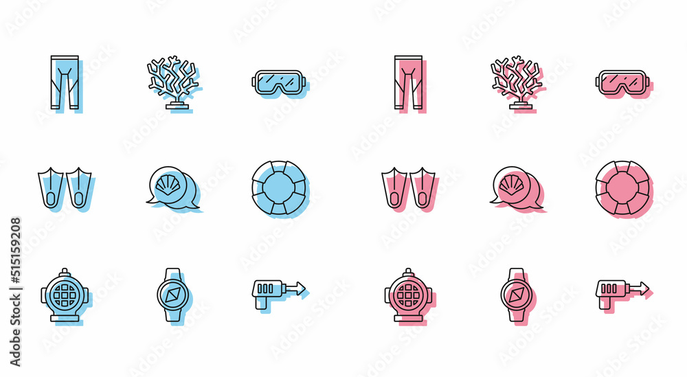 Set line Aqualung, Compass, Wetsuit, Fishing harpoon, Scallop sea shell, Lifebuoy, Rubber flippers and Coral icon. Vector