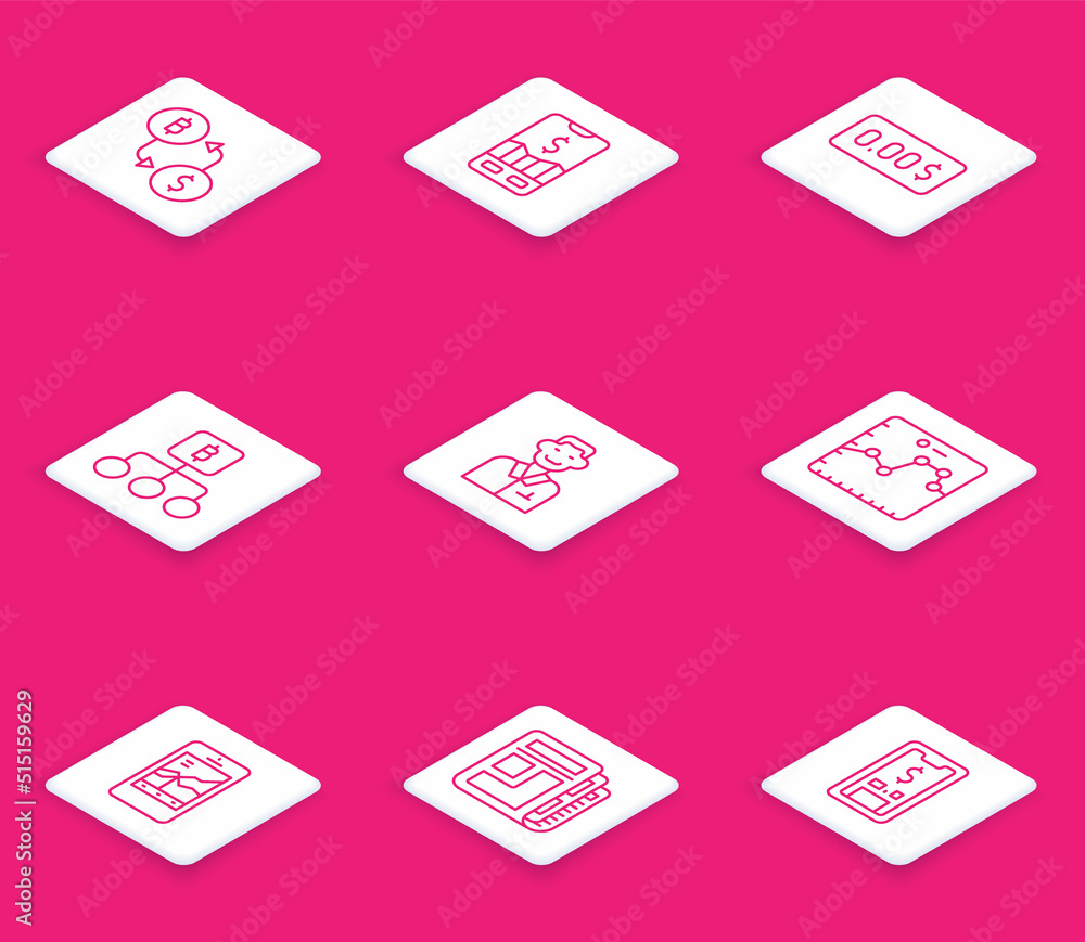 Set line Cryptocurrency exchange, Mobile stock trading, Zero cost, Blockchain technology Bitcoin, Trader, Browser with growth graph, and Stock market news icon. Vector Set line Cryptocurrency exchange, Mobile stock trading, Zero cost, Blockchain technology Bitcoin, Trader, Browser with growth graph, and Stock market news icon. Vector