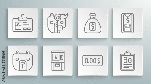 Set line Bear market  Bull and bear of stock  ATM money  Zero cost  Business finance report  Money bag  Mobile with dollar and Identification badge icon. Vector