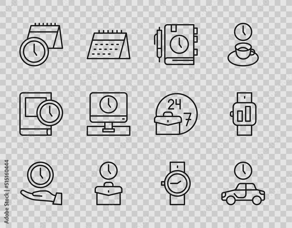 Set line Clock, Time to travel, Daily paper notepad, Work time, Calendar and clock, Monitor, Wrist watch and Smartwatch icon. Vector Set line Clock, Time to travel, Daily paper notepad, Work time, Calendar and clock, Monitor, Wrist watch and Smartwatch icon. Vector