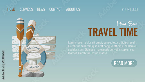 Lifebuoy and oars, wooden board. Welcome aboard. Vector illustration, cartoon nautical style. Active recreation, travel, marine entertainment. For web template, website interface