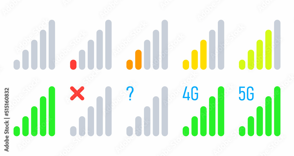 Colorful mobile signal strength indicator icon set. Signal from low to