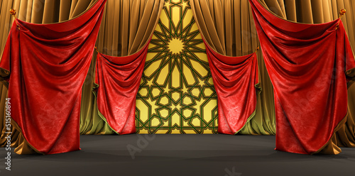 3d render of gold and red curtain with arabesque style, Arabic islam culture, moroccan culture