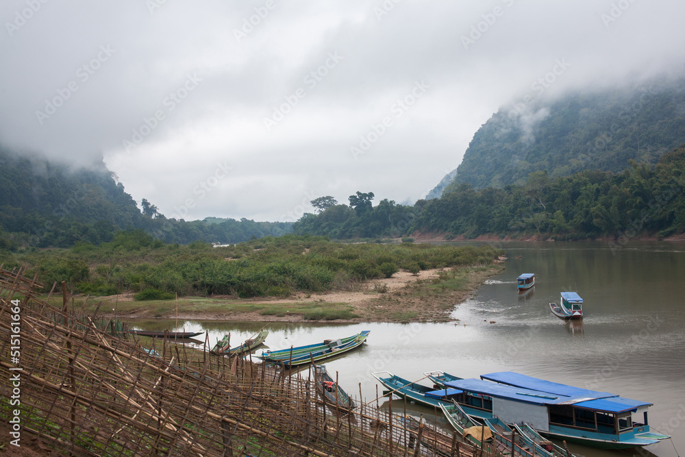 Naklejka premium Riverside of Nam Ou river in Muang Ngoi district, Luang Prabang Province Laos