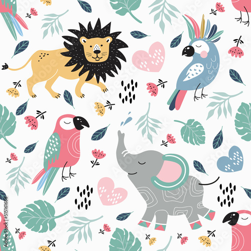 Seamless pattern with colorful parrots, lions and elephants. Cute baby style. Children's print.