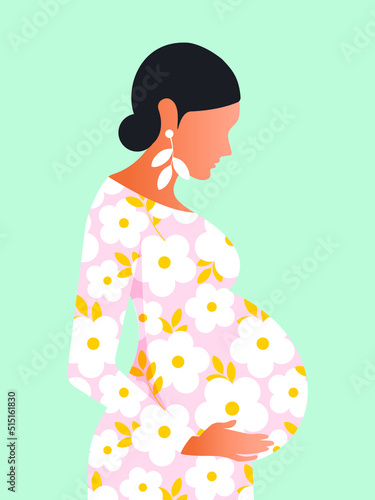 Happy Mother's Day. A young pregnant woman in a floral pink dress is happy that she is expecting a baby. Vertical modern postcard with a light blue background. Vector.