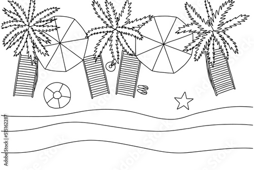 Cute summer beach coloring page top view. Vector hand drawn sunny beach top view with palms umbrellas and chaise lounges. Coloring book for children and adults.