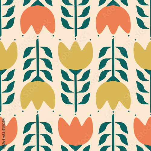 Colorful geometric tulip flowers in Scandinavian style hand drawn vector illustration. Vintage floral ornament seamless pattern for fabric or wallpaper.