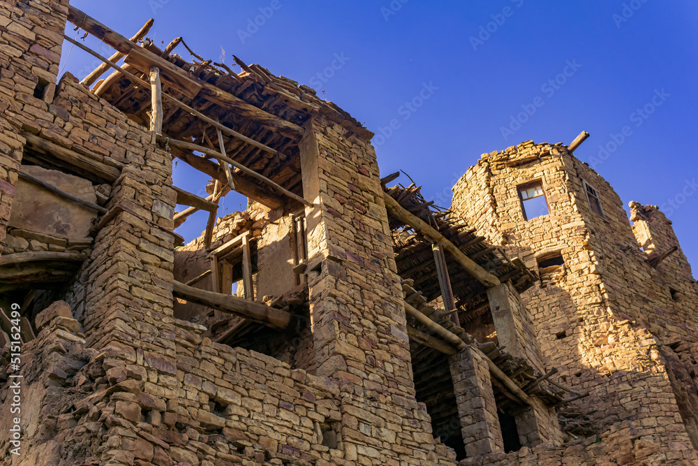 ruined old high stone houses in the abandoned village of Gamsutl, Dagestan ruined old high stone houses in the abandoned village of Gamsutl, Dagestan
