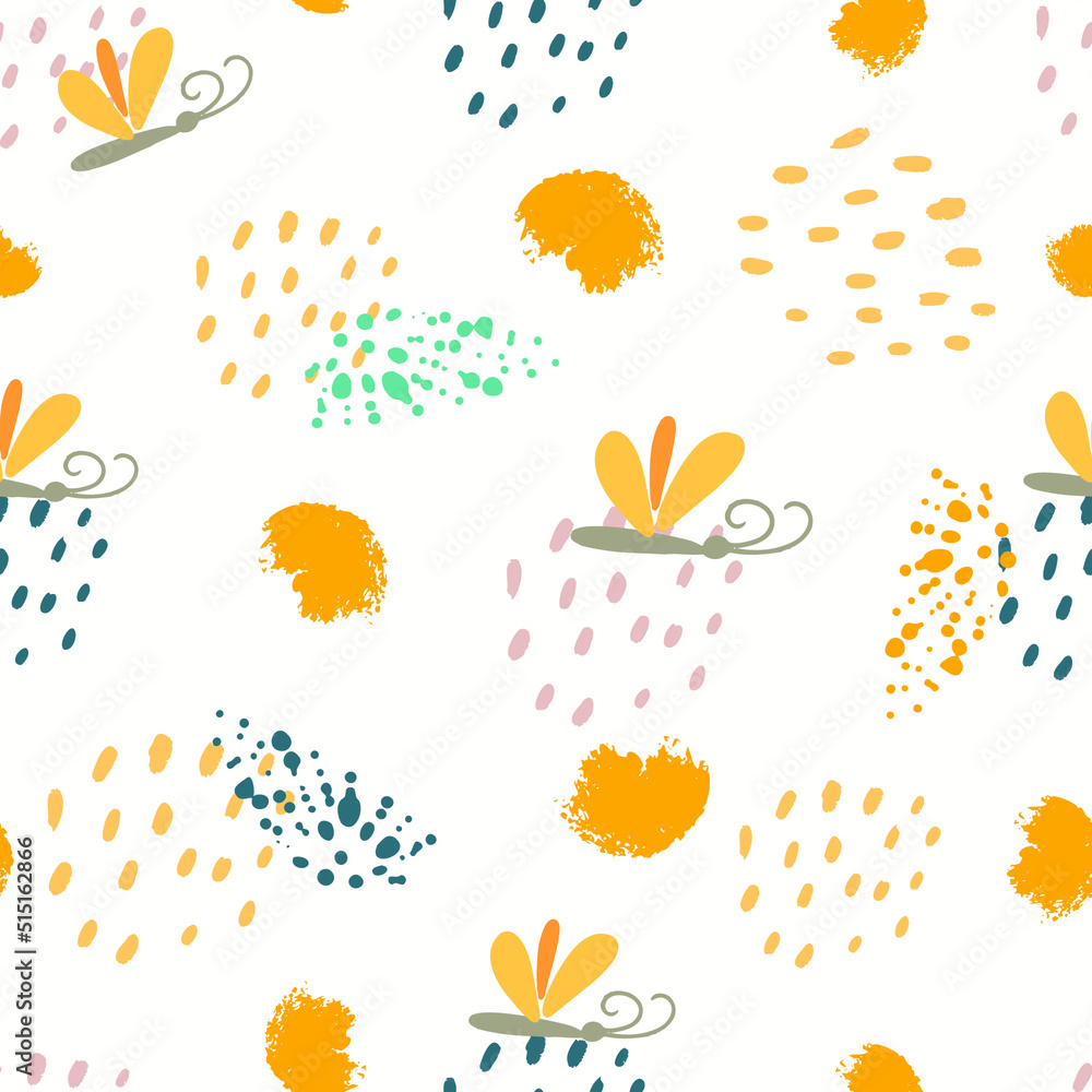 Seamless pattern with abstract colored spots, dots, lines. Vector illustration. Children's textiles