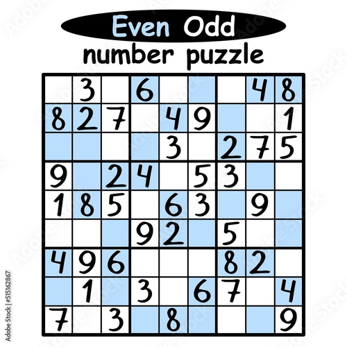 Sudoku puzzle with Even-Odd numbers vector illustration. Funny logic game for kids and adults printable worksheet. Place even numbers on blue cells and odd numbers on white cells
