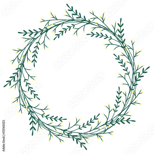 Fototapeta Naklejka Na Ścianę i Meble -  Circle foliage frame vector illustration. Round leafy floral wreath. Botanical blank for invitation or congratulations. Natural decorated template