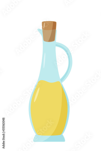 A glass bottle with a wooden stopper, a container for liquid olive or vegetable oil. Vector illustration.
