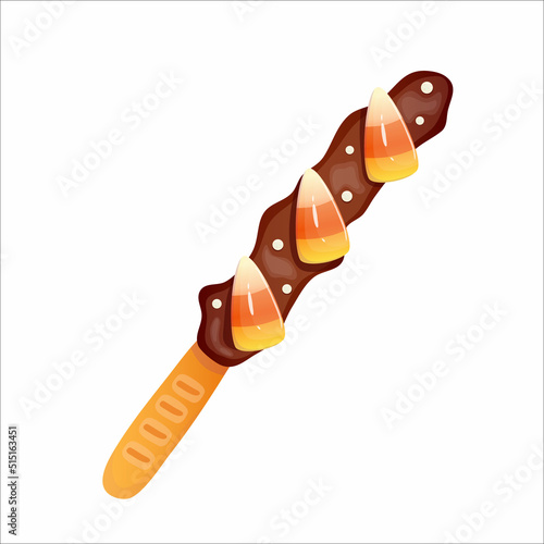 Halloween dessert sweet cookie with chocolate and candy corn. Sweet food. Kids party. Cartoon vector illustration. Halloween cake isolated.