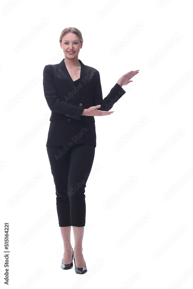 young businesswoman showing on copy space. isolated on white young businesswoman showing on copy space. isolated on white