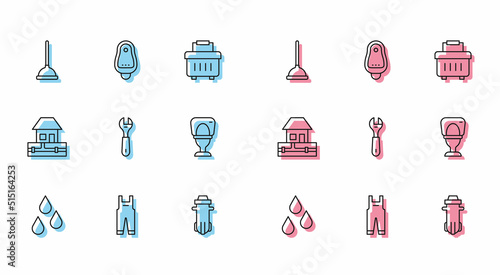 Set line Water drop, Work overalls, Rubber plunger, filter, Wrench spanner, Toilet bowl, supply pipes and urinal pissoir icon. Vector