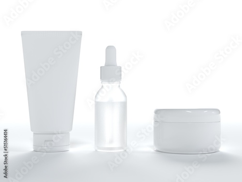 Cosmetic cream tube, jar with lid and serum bottle 3D render on white background, product packaging mock-up