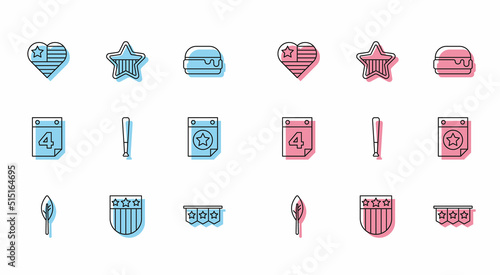 Set line Indian feather, Shield with stars, USA Independence day, Carnival garland flags, Baseball bat, Calendar date July 4, and icon. Vector