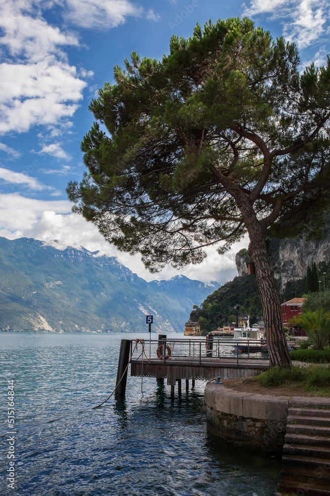 Lake Garda from the landing stage on Piazza Catena, Riva del Garda, Trento, Trentino Alto Adige, Italy