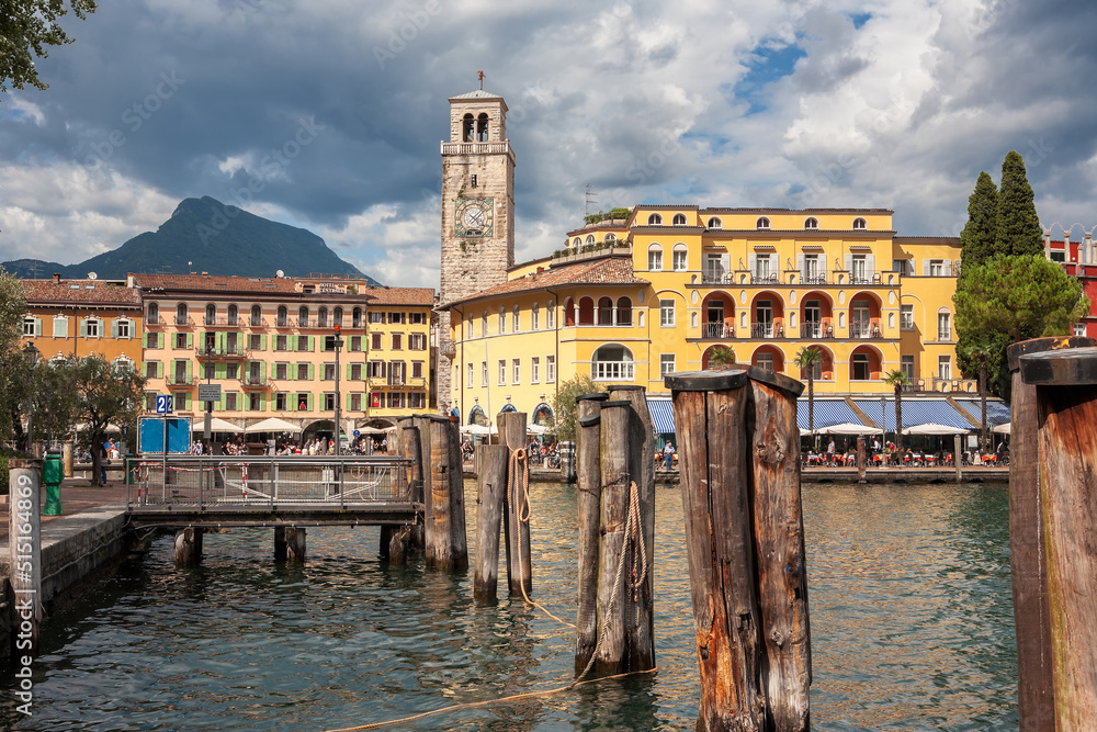 Naklejka premium View from Piazza Catena, showing Piazza Tre Novembre, the Torre Apponale and Largo Lago Brescia, Riva del Garda, Trento, Trentino Alto Adige, Italy