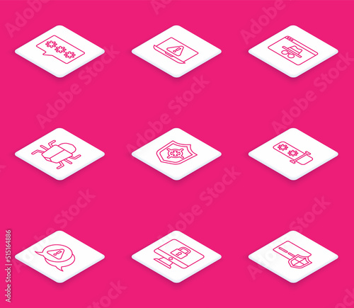 Set line Password protection, Laptop with exclamation mark, Browser incognito window, System bug, Shield, Exclamation triangle and Lock monitor icon. Vector