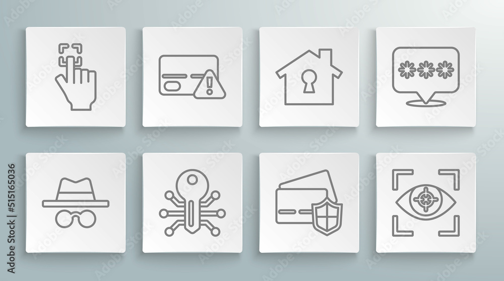 Set line Incognito mode, Credit card, Smart key, with shield, Eye scan, House under protection, Password and Fingerprint icon. Vector Set line Incognito mode, Credit card, Smart key, with shield, Eye scan, House under protection, Password and Fingerprint icon. Vector