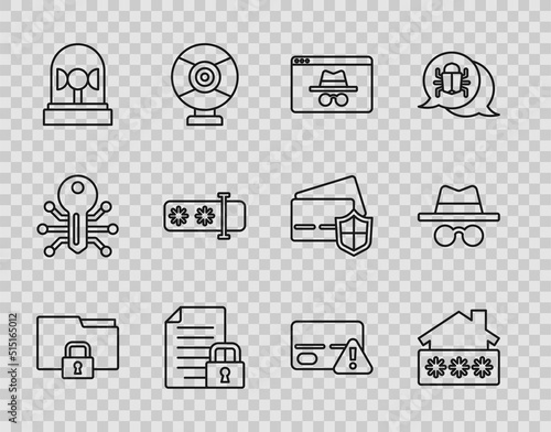 Set line Folder and lock, House with password, Browser incognito window, Document, Flasher siren, Password protection, Credit card and Incognito mode icon. Vector