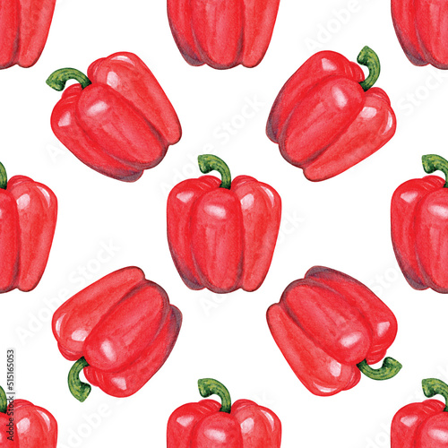 Watercolor red pepper seamless pattern on white background