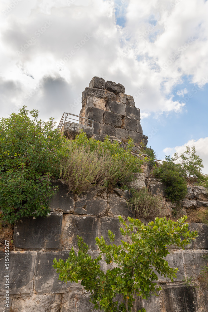 The ruins  of the Monfort fortress are located on a high hill overgrown with forest, not far from Shlomi city, in the Galilee, in northern Israel