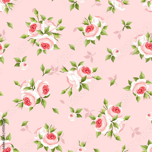 Seamless floral pattern with pink roses on a pink background. Vector illustration