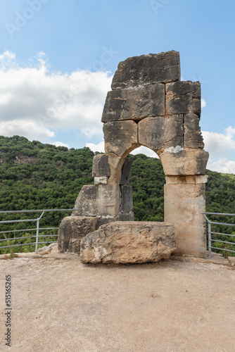 The ruins of the Monfort fortress are located on a high hill overgrown with forest, not far from Shlomi city, in the Galilee, in northern Israel