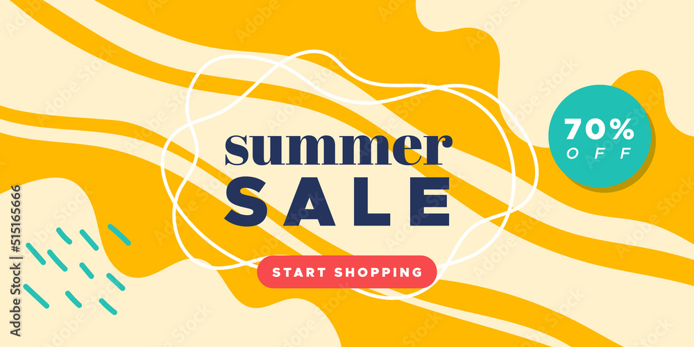 Fototapeta premium Summer sale colorful banner. Abstract organic wavy shapes background. 70% off. For newsletter, web header, social media post, promotional banner, advertising and identity. Vector illustration, flat de
