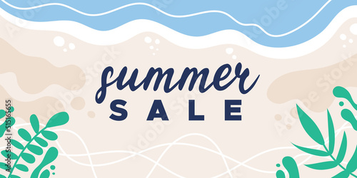 Summer sale beach banner. Natural organic shapes background. For newsletter, web header, social media post, promotional banner, advertising and identity. Vector illustration, flat design