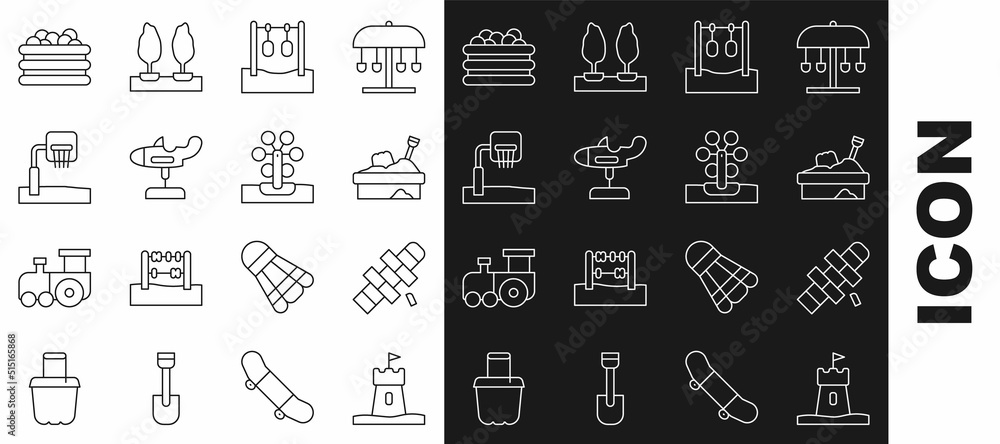 Set line Sand tower, Hopscotch, Sandbox with sand, Gymnastic rings, Swing plane, Basketball backboard, Pool balls and Ferris wheel icon. Vector