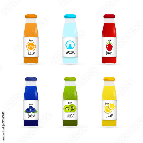 Natural juice and water drinks in glass bottles isolated - vector