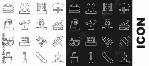Set line Sand tower, Hopscotch, Sandbox with sand, Gymnastic rings, Swing plane, Basketball backboard, Pool balls and Ferris wheel icon. Vector