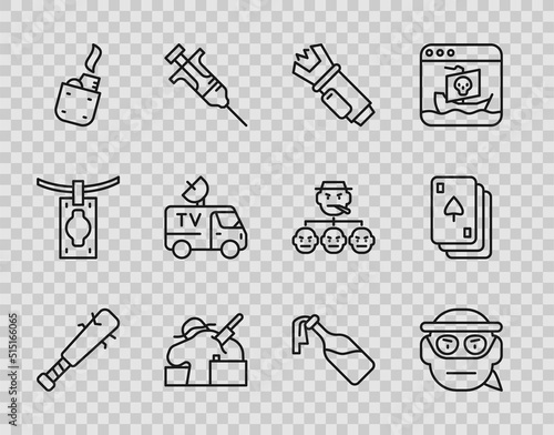 Set line Baseball bat with nails, Bandit, Police electric shocker, Murder, Lighter, TV News car, Cocktail molotov and Playing cards icon. Vector