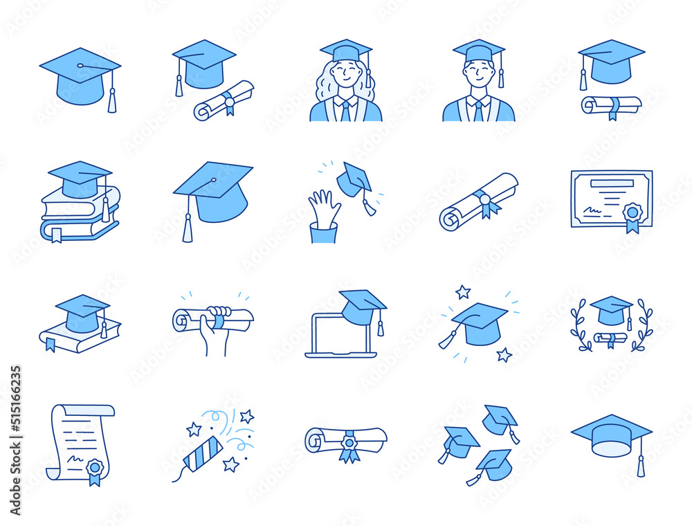Graduation doodle illustration including icons - student in cap, diploma certificate scroll, university degree. Thin line art about high school education. Blue Color, Editable Stroke