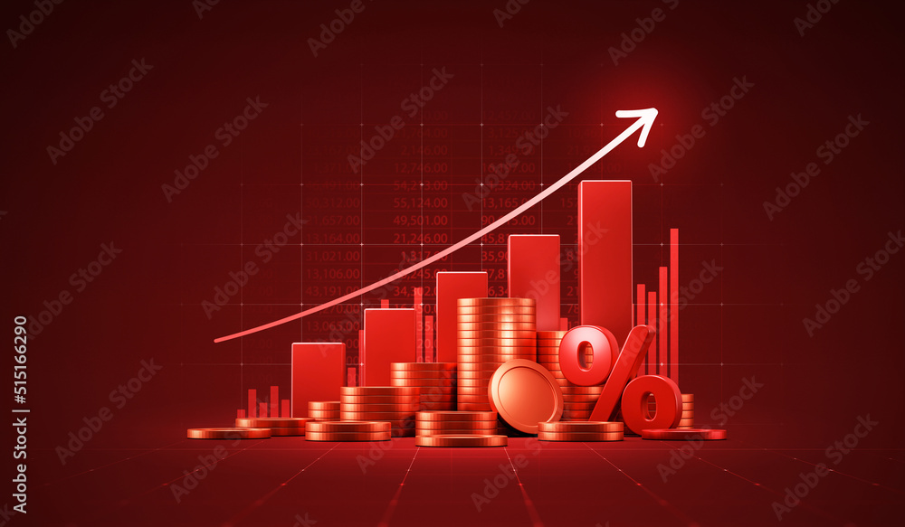 Financial crisis business market graph on economic background with growth money price arrow inflation 3d gold coin percent or crash global finance chart and economy stock currency risk trade diagram. - obrazy, fototapety, plakaty 