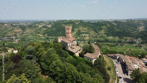 Europe, Italy , Pavia - Broni , - The castle of Cigognola - the vineyards of Oltrepo Pavese - area of wine production in Po Valley, drought and aridity. Drone aerial view 