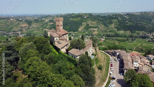 Europe, Italy , Pavia - Broni , - The castle of Cigognola - the vineyards of Oltrepo Pavese - area of wine production in Po Valley, drought and aridity. Drone aerial view 