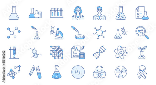 Chemistry doodle illustration including icons - flask, lab tube, scientist, petri dish, beaker, experiment, biotechnology. Thin line art about laboratory research. Blue Color, Editable Stroke
