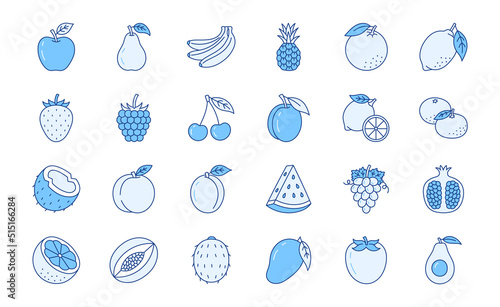 Fruit and berry doodle illustration including icons - strawberry, apple, pineapple, raspberry, pomegranate, avocado, coconut. Thin line art about healthy organic food. Blue Color, Editable Stroke