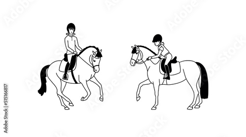 Two cute young horsewomen ride a ponies