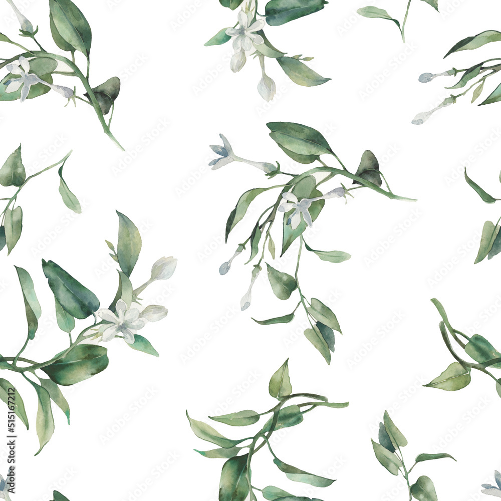 Watercolor floral seamless pattern. Greenery and white flowers wallpaper design.